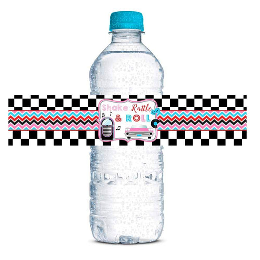 50’s Sock Hop Birthday Waterproof Water Bottle Sticker Wrappers, 20 1.75" x 8.5" Wrap Around Labels by AmandaCreation