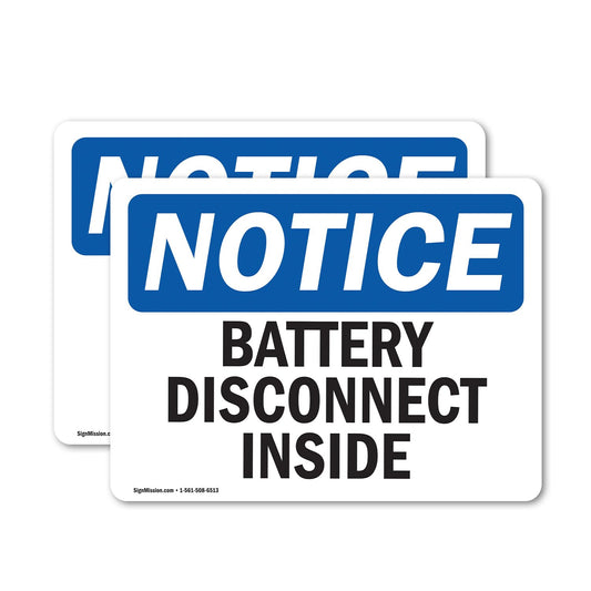 (2 Pack) Battery Disconnect Inside OSHA Notice Sign 5 Inch X 3.5 Inch Vinyl Label Decal Sticker Weather Resistant, UV Protected for Workplace, Business, and Construction Site, Made in the USA Vinyl Decal