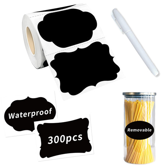Starboling Chalkboard Labels,300 Pcs 2.4x1.6inch Irregular Labels Chalk Stickers with White Chalk Marker,Reusable Waterproof Blackboard Stickers,for Jars,Bottles,Storage Bins Black
