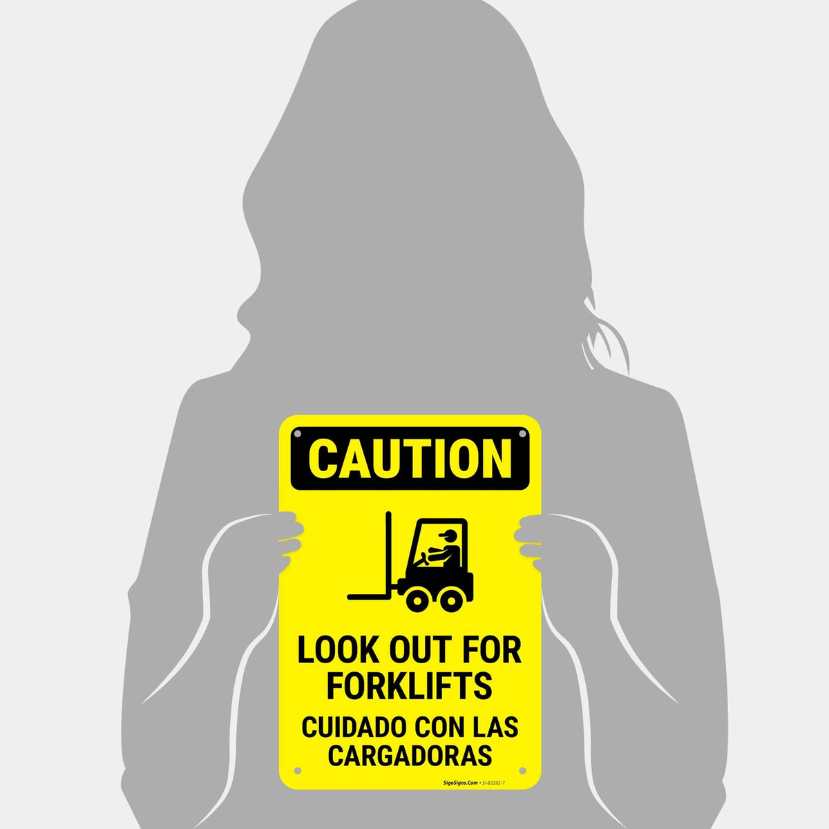 Caution Look Out for Forklifts Bilingual with Graphic OSHA Sign, 10x7 Inches, Rust Free .040 Aluminum, Fade Resistant, Made in USA
