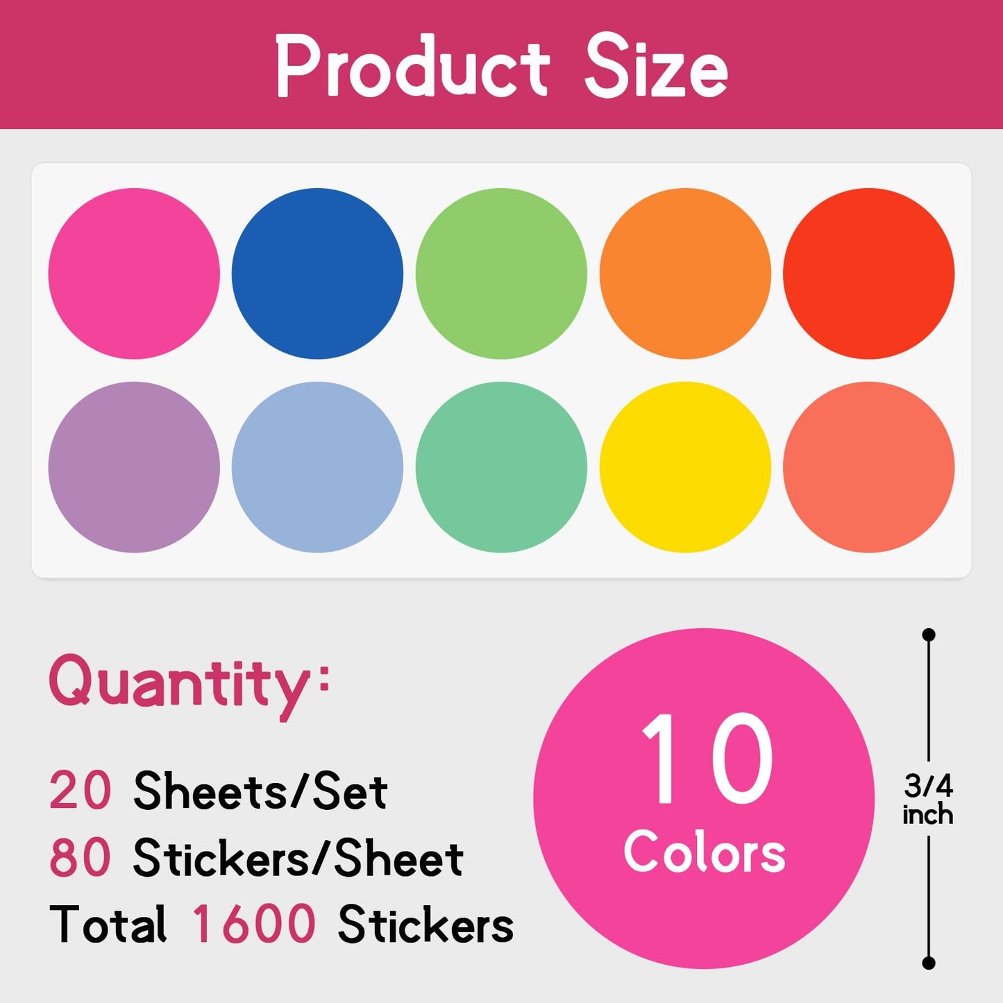 1600 PCS 3/4 Inch Colored Dot Stickers, 10 Colors Circle Price Stickers, Round Color Coding Labels for Office, Home, Teaching Events, Garage Sales - 20 Sheets