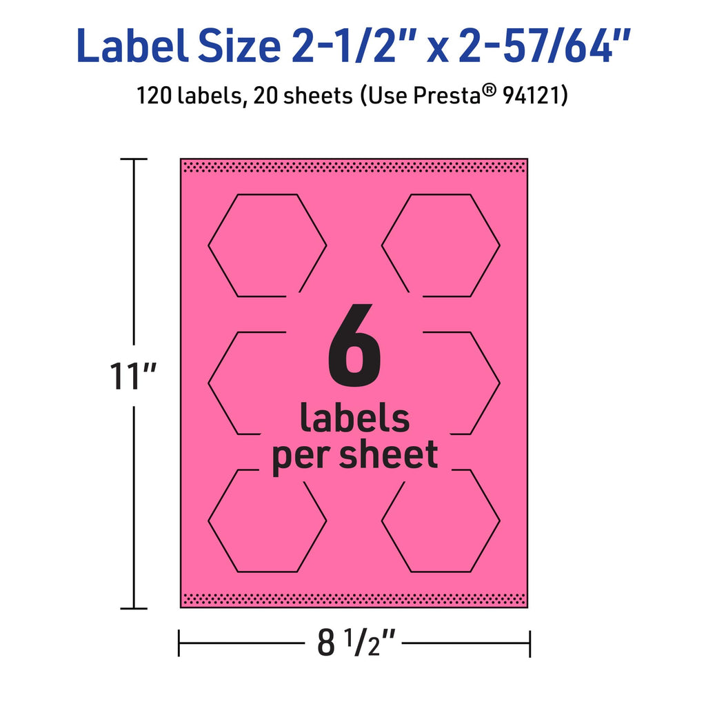 Avery® Printable Hexagon Labels, Sure Feed® Technology, 2-1/2" x 2-57/64", Bright Pink Labels, Print-to-The-Edge, Laser/Inkjet Printable, 120 Total, Great for Cosmetics and Jars 120 labels