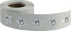 Metallic silver happy face star stickers on a roll, 0.75 inch star-shaped adhesive labels for teachers and classroom motivation.