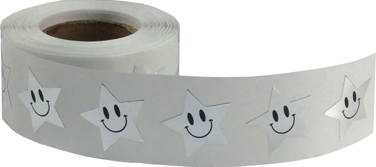 Metallic silver happy face star stickers on a roll, 0.75 inch star-shaped adhesive labels for teachers and classroom motivation.