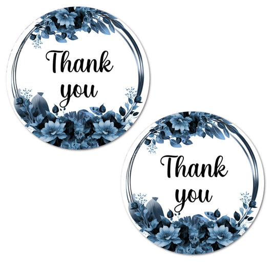 40 Dark Blue Flowers Thank You Stickers, 2 Inch Big Round Glossy Labels, Great for Weddings, Bridal Shower, Engagement Party, Party Favors Décor, Tags, Supplies. Made in USA.