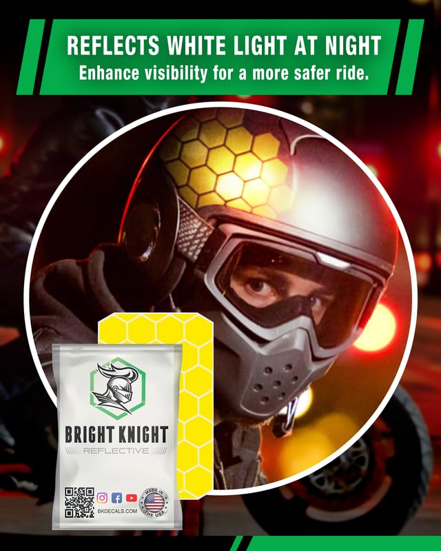 Bright Knight Decals Hexagon Reflective Stickers for Helmet, Yellow, 2-Pack