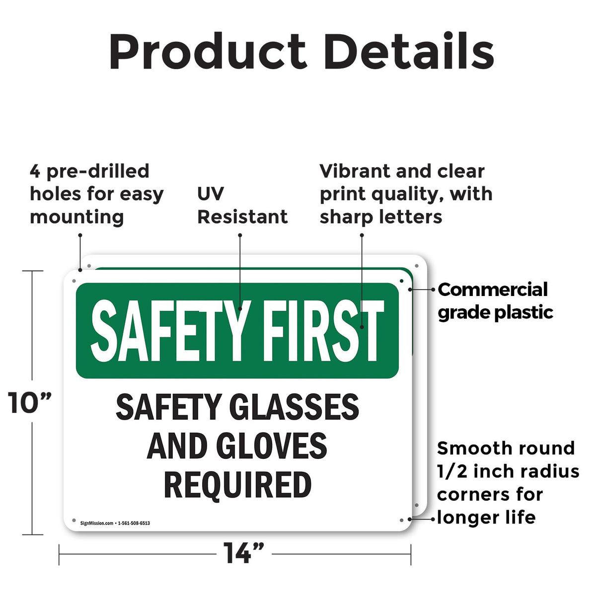 (2 Pack) Safety Glasses And Gloves Required OSHA Safety First Sign 14 Inch X 10 Inch Plastic Sign, Weather Resistant, UV Protected for Workplace, Business, and Construction Site, Made in the USA