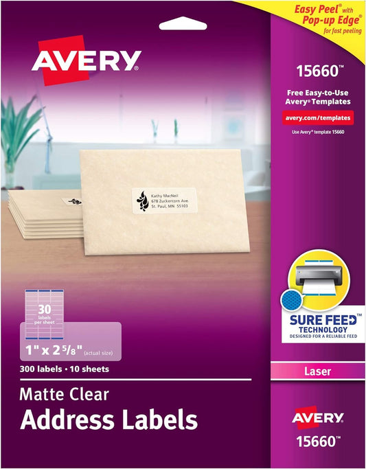 Avery Easy Peel Clear Address Labels for Laser Printers, 1 x 2.625, 2 PK (15660)