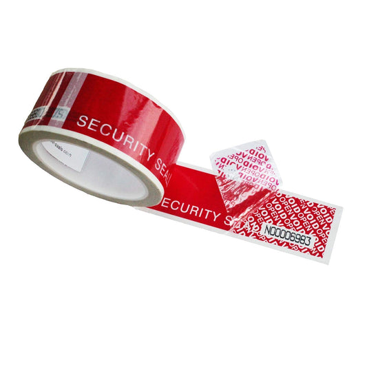 TamperSeals Group - 1 Roll Precut Serial Numbered Red Tamper Evident Security Tape (48mm x 50m x 2mil, 100% Total Transfer, Ultra-Thick “Void” Film, Every 6” Perforation)