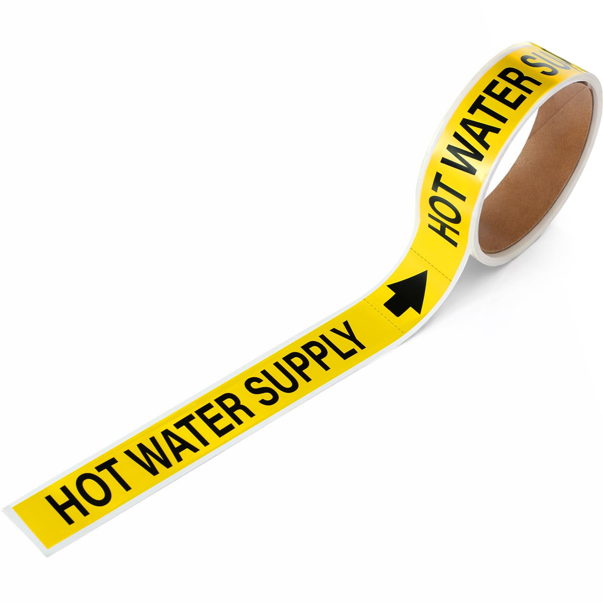 Fuyoooo 1 Roll Hot Water Supply Pipe Markers 1" Height x 8" Width Black on Yellow Hot Water Supply Pipe Self Adhesive Labels with Arrow Plastic Film Markers Stickers