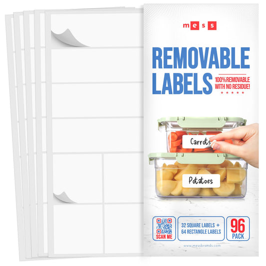 MESS Removable Food Labels for Containers (96-Pack) 1x3" & 1.5" Erasable Kitchen Labels for Organizing, Freezer & Fridge, White Dry Erase Labels for Jars 1x3" & 1.5"