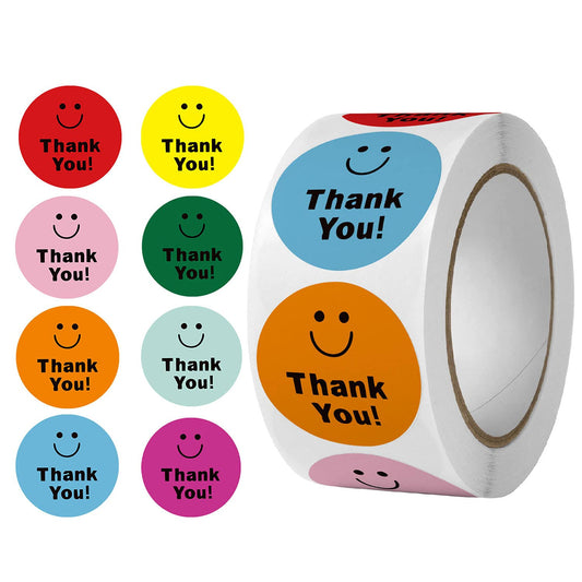500 Pcs Thank You Stickers 8 Designs Colorful Smiley 1 Inch Thank You Stickers for Packaging Thank You Stickers for Baking Packaging Envelope Seals Small Business Thank You Label