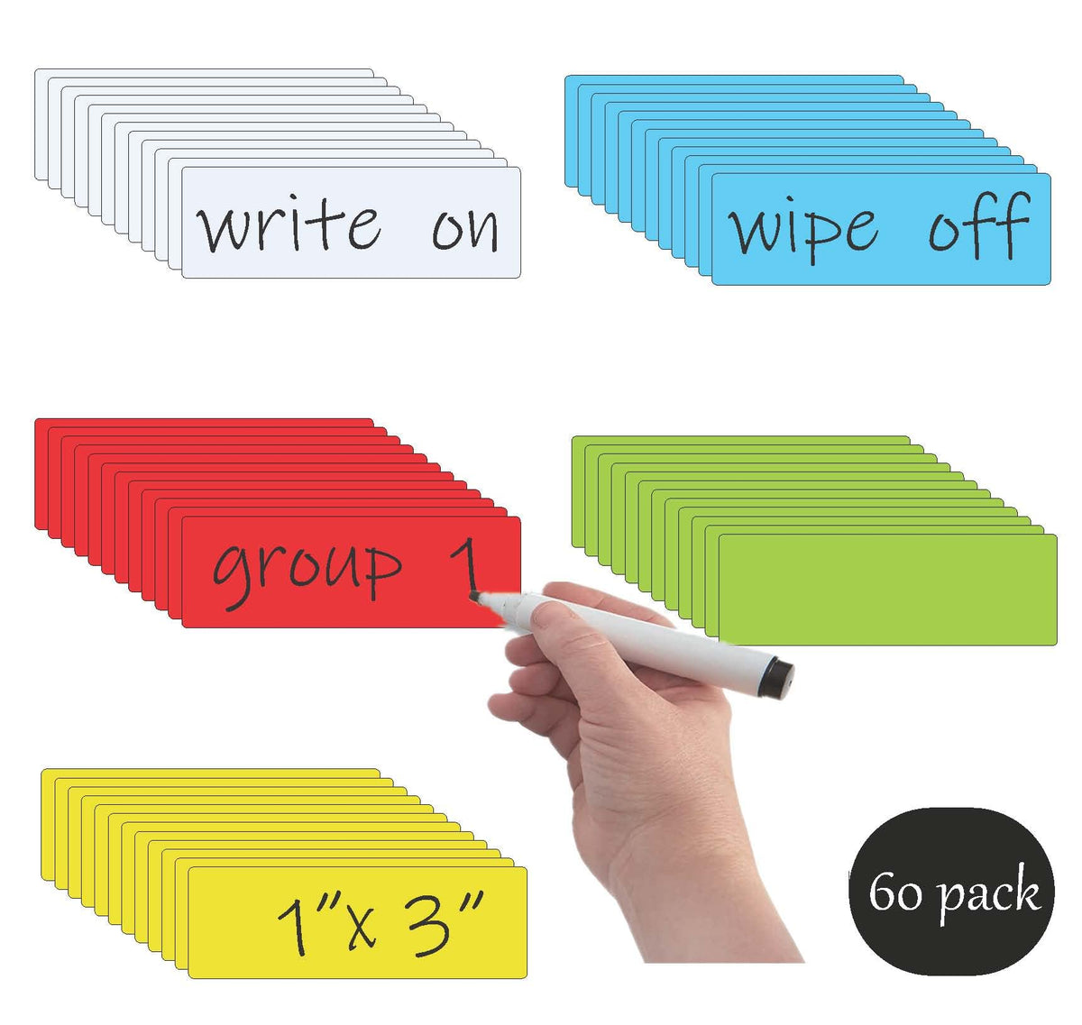 STTMGN Dry Erase Magnetic Labels (1x3,Pack of 60),Write On Magnets Sticker,Real Waterproof/Reusable for Classroom&Office&Cabinet&whiteboard&Fridge&More (Multicolor) 1X3" Multicolor 60pcs