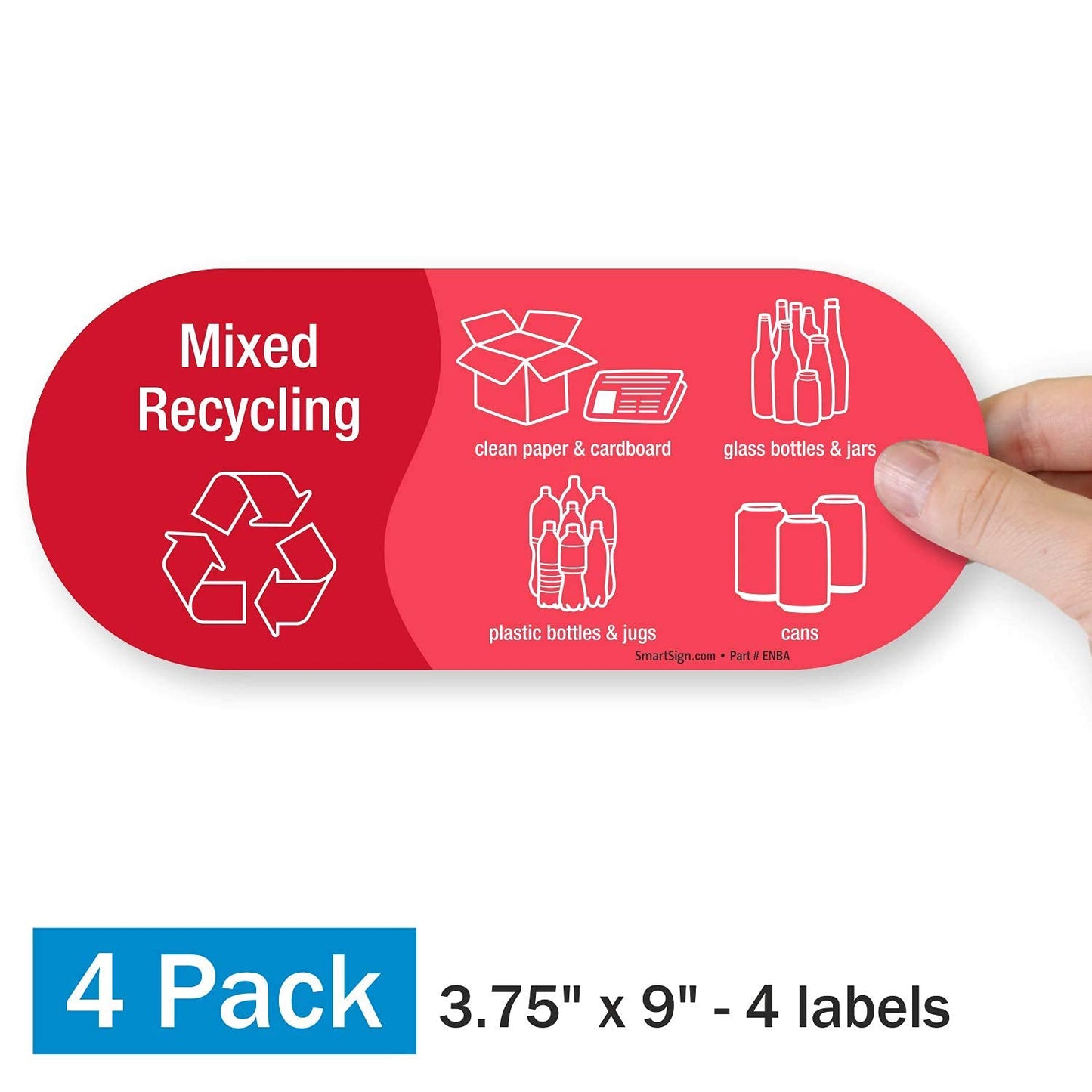 SmartSign (Pack of 4) 3.75 x 9 inch “Mixed Recycling” Sticker Labels with Symbols, 5 mil Laminated Polyester with SuperStick Adhesive, Red and White, Made in USA 3.75" X 9"_mixed Recycling