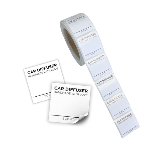 Car Oil Diffuser Hanging Bottle Scent Label | 350 pc Roll Mini 1x1” Inch Square Warning Sticker White Minimalist Instruction Care Card Wooden Top Bullet, Vent Diffusers, Car Reed Diffuser Sticker