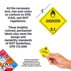 ChromaLabel 2x2 durable square D.O.T. hazard label for oxidizer class 5.1, shown on a roll of 100 industrial labels.