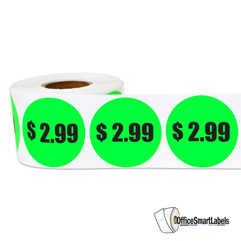 Neon green circular price stickers, 1.5 inch, from OfficeSmartLabels, on a roll, ideal for retail, garage sales, and yard sale pricing.