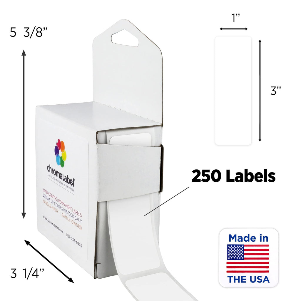 ChromaLabel white 1x3 inch all-purpose color code rectangle labels, 250 per dispenser box for organization and labeling.
