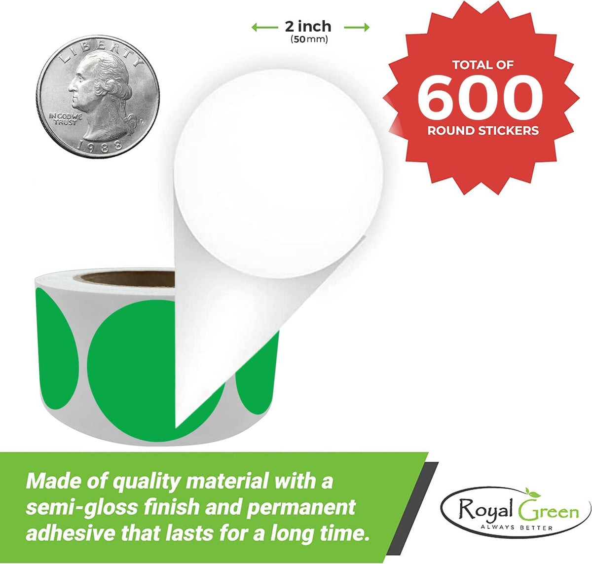 Royal Green White 50mm Dot Stickers, 600 Pack (1 Roll)