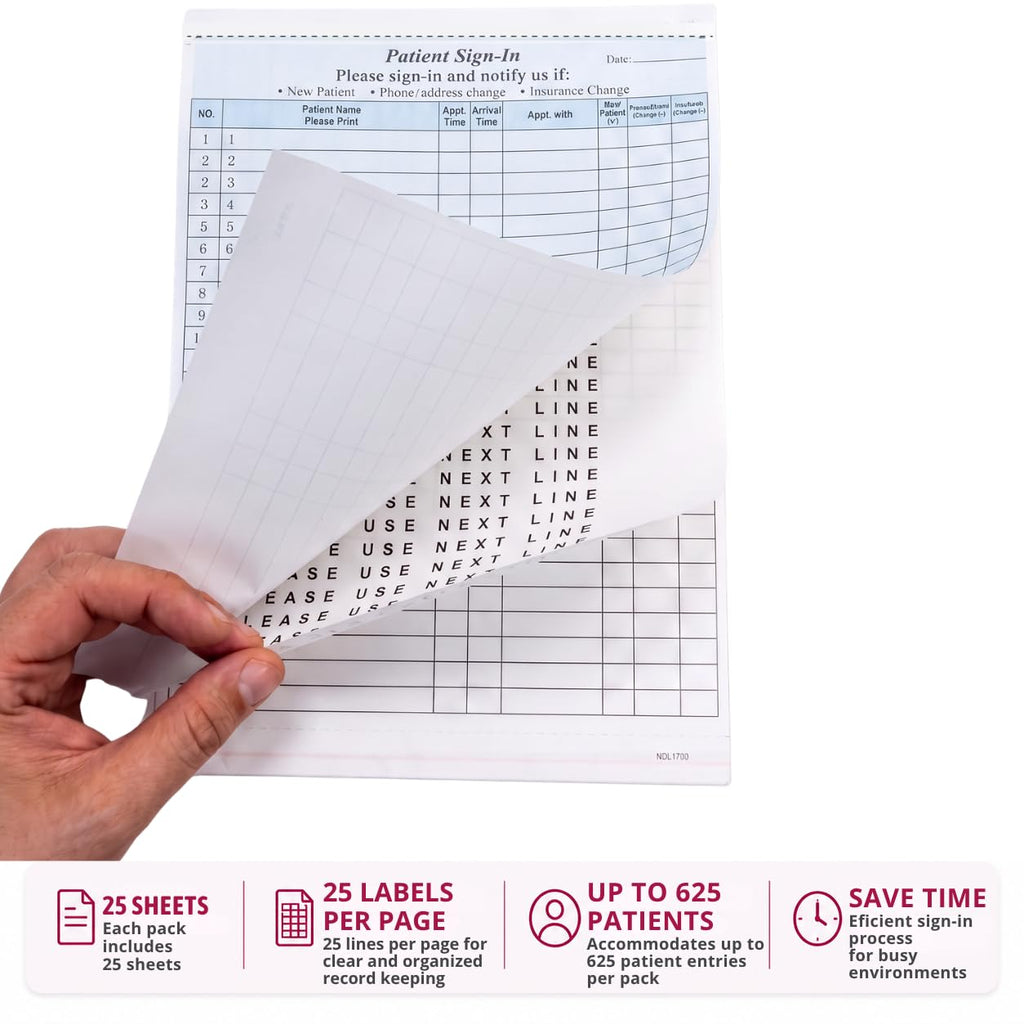 NextDayLabels Patient Sign-in Sheets, 3-Part, Made in USA, Blue, 25 Sets