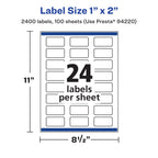Avery® Matte White Removable Rectangle Labels, Sure Feed® Technology, Print-to-The-Edge, 1" x 2", 2,400 Removable Labels, Laser/Inkjet Printable 2,400 labels