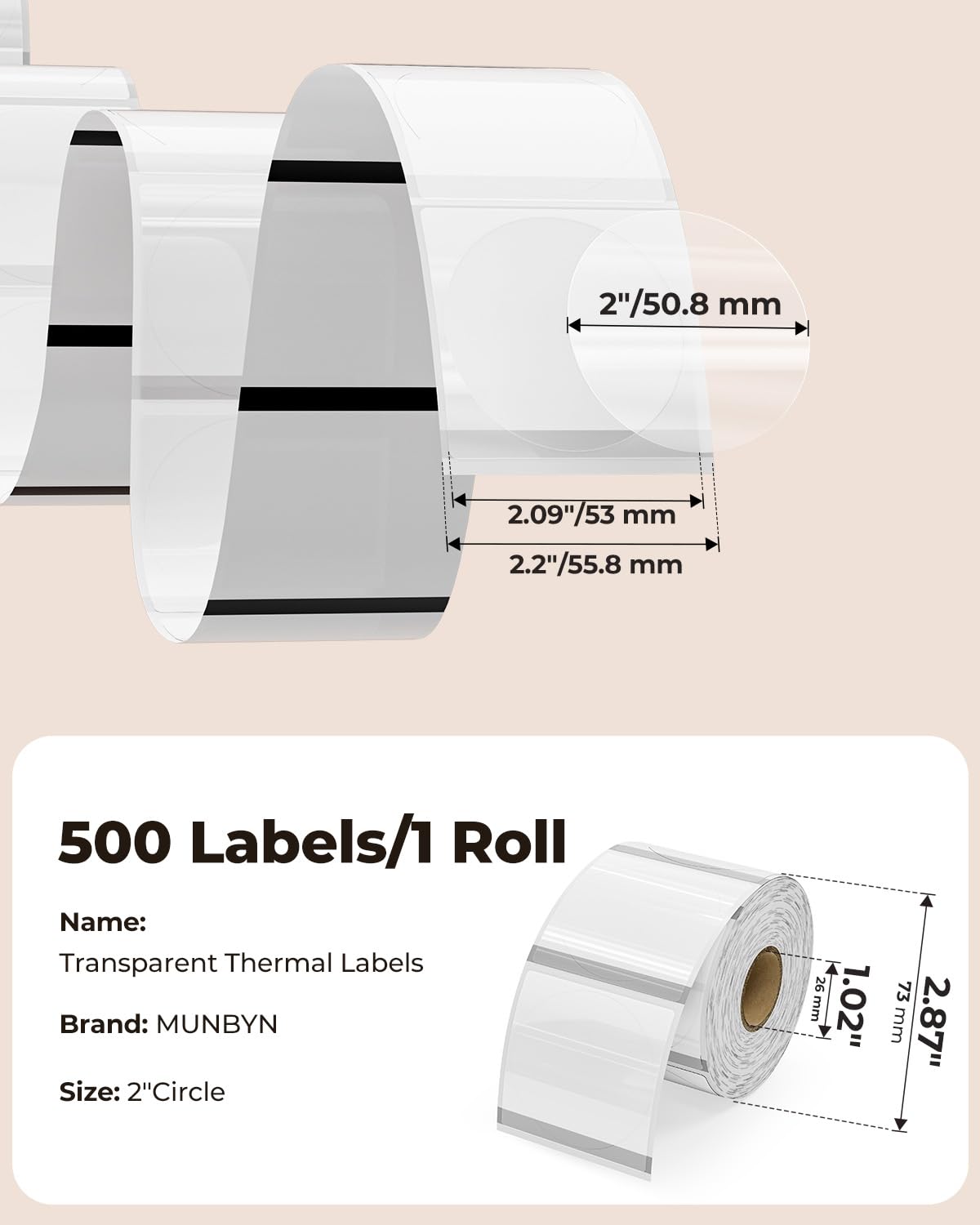 MUNBYN 2 Inch Transparent Round Thermal Labels, 500 Sheets/1 Roll 2"