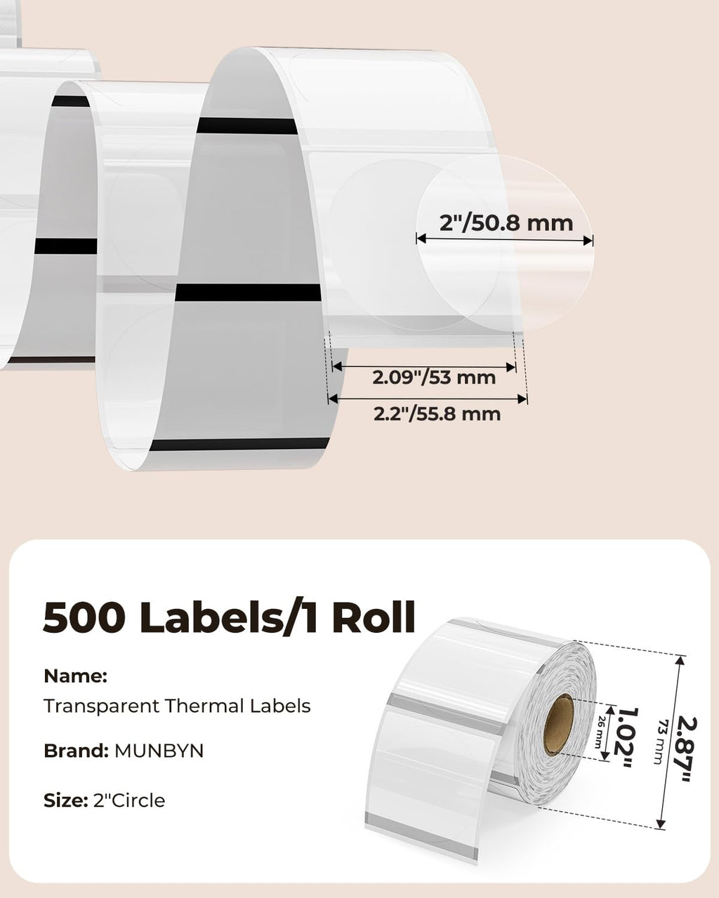 2x1 Thermal Labels 6 Rolls-6,000 Labels+2" Transparent Round Thermal Labels 500 Labels/Roll