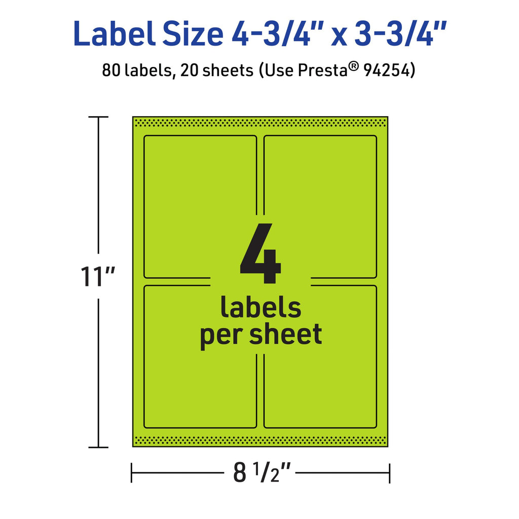 Avery® Printable Rectangle Labels, Sure Feed® Technology, 4-3/4" x 3-3/4", Bright Green Labels, Print-to-The-Edge, Laser/Inkjet Printable, 80 Total, Great for Shipping and Packaging 80 labels