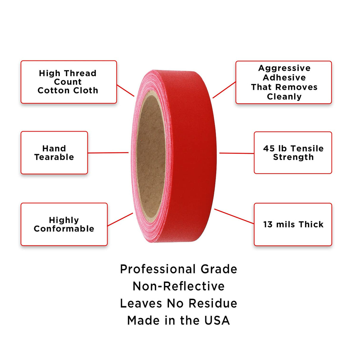 ChromaLabel red gaffer tape roll, 1 inch wide, matte finish, non-reflective, professional grade, 15 yards long.