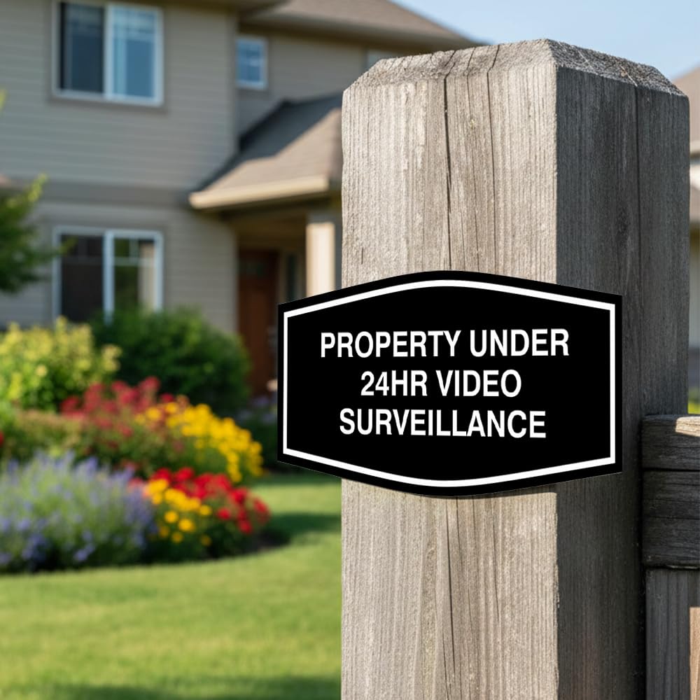 All Quality Fancy Property Under 24Hr Video Surveillance Sign | Property Security Sign with Easy Installation | 24/7 Security Monitoring (Brushed Gold) - Medium 5 Pack 7 x 3.5" - Med (5 Pack) Brushed Gold