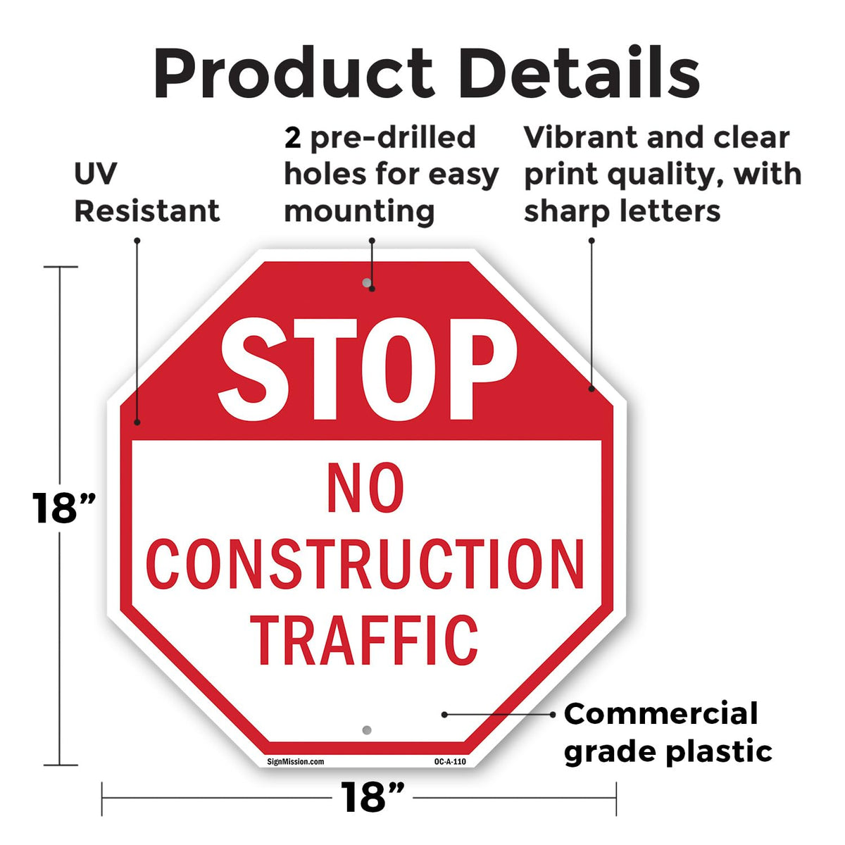 Stop No Construction Traffic 18 inch X 18 inch Octagon Plastic Sign Weather Resistant, UV Protected for Workplace, Private Property, and Construction Site, Made in the USA