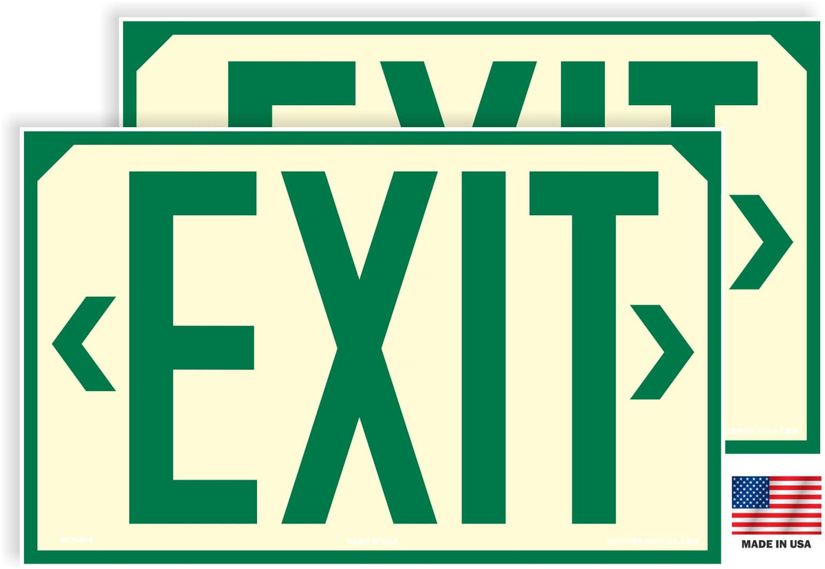 Photoluminescent Exit Signs | OSHA | Pack of 2 | UV Inks on Aluminum | HEAT Resistant | COLD Tolerant | WEATHER Proof. NightBright USA Part: OCG-050 II
