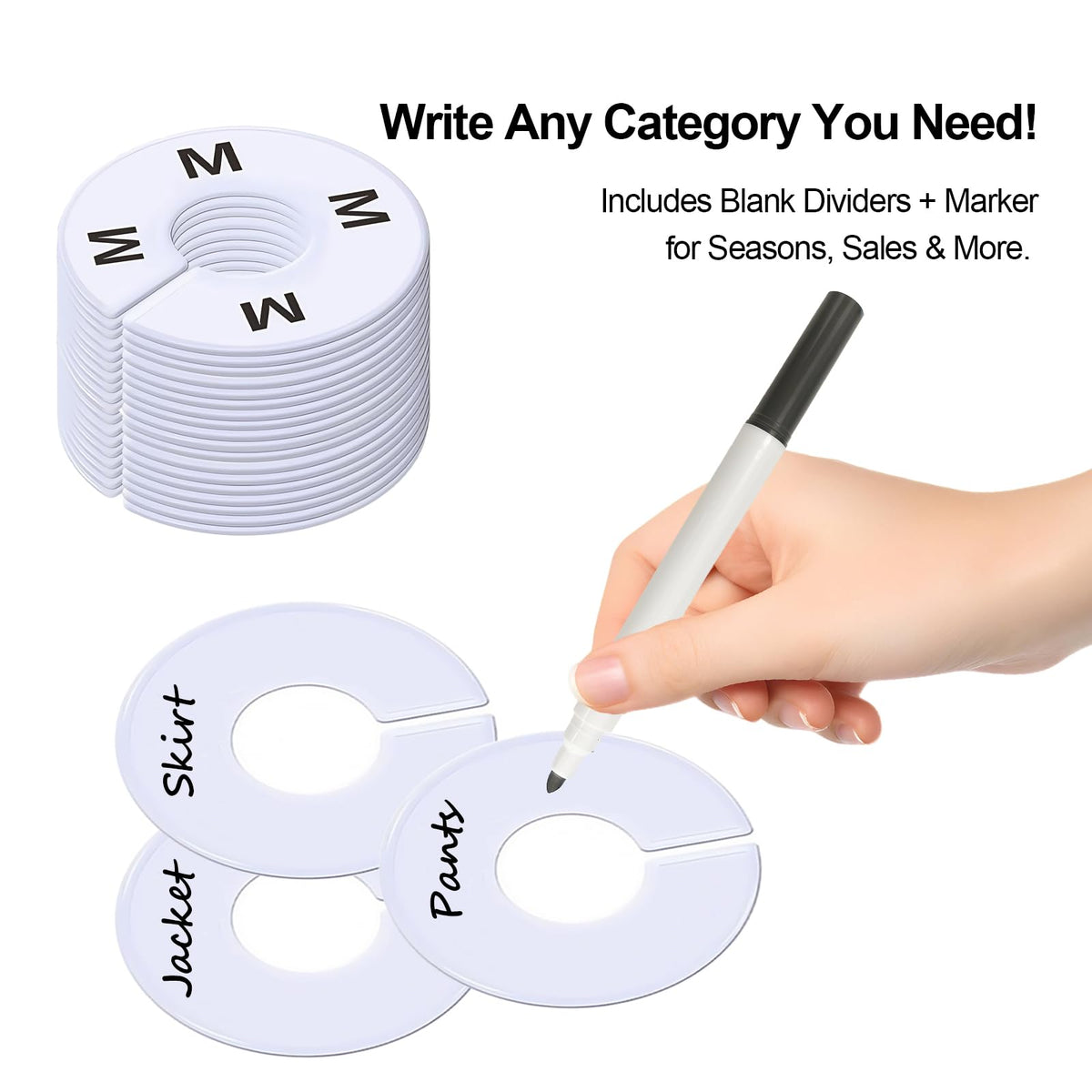 13 Pcs Clothing Rack Size Dividers Round White Plastic Size Markers for Clothing Rack Pre-Labeled (XXS-XXXL) & Blank Dividers & Erasable Pen for Closet, Retail Store, Wardrobe 13 Pcs
