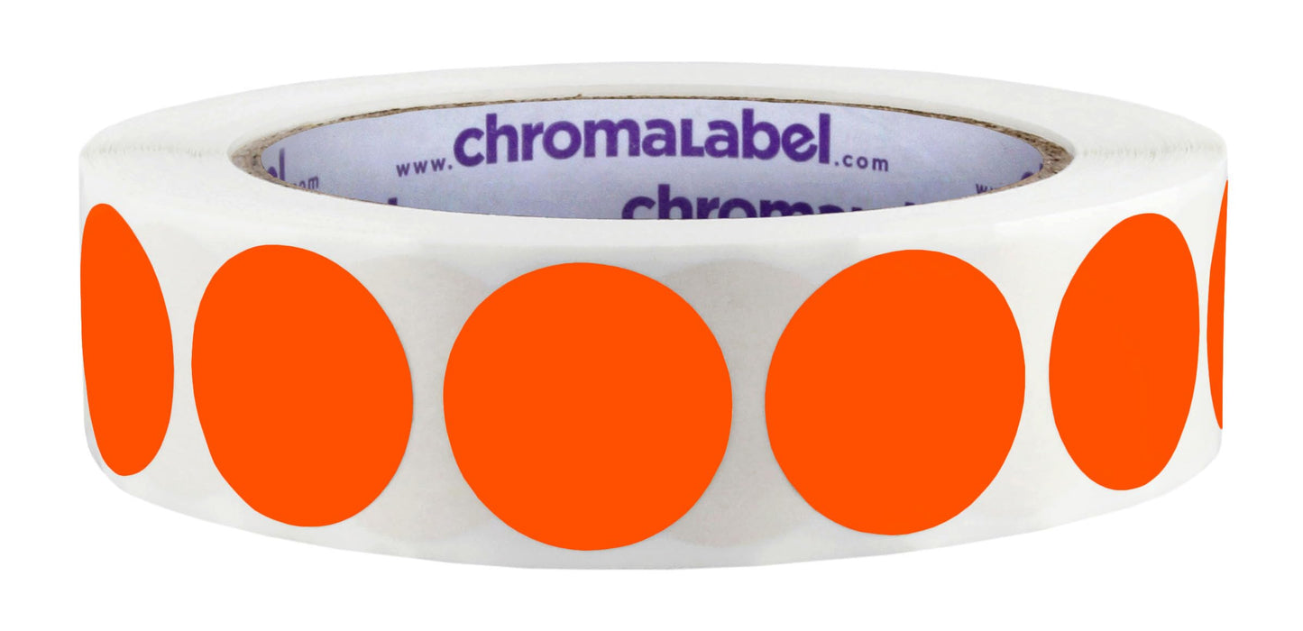 ChromaLabel 1 Inch Circle Labels, High Visibility Sticky Dots, Permanent Colored Dot Stickers Easy to Write on Labels - 1000 Sticker Dots per Roll, Matte Finish Fluorescent Red-Orange Circle Stickers 1"