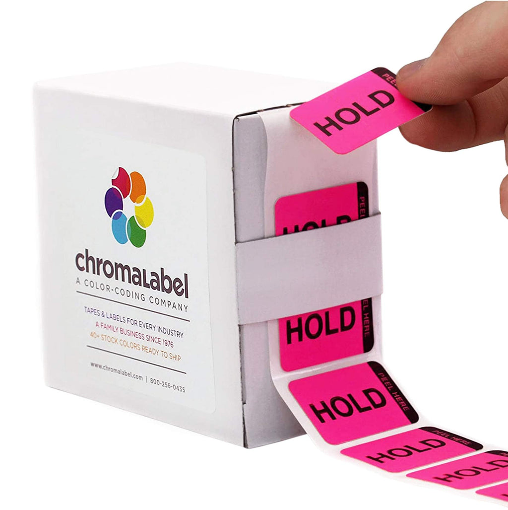 ChromaLabel fluorescent pink and yellow double-layer quality control color-coding label, 1x1.5 inches, with hold and released imprints.