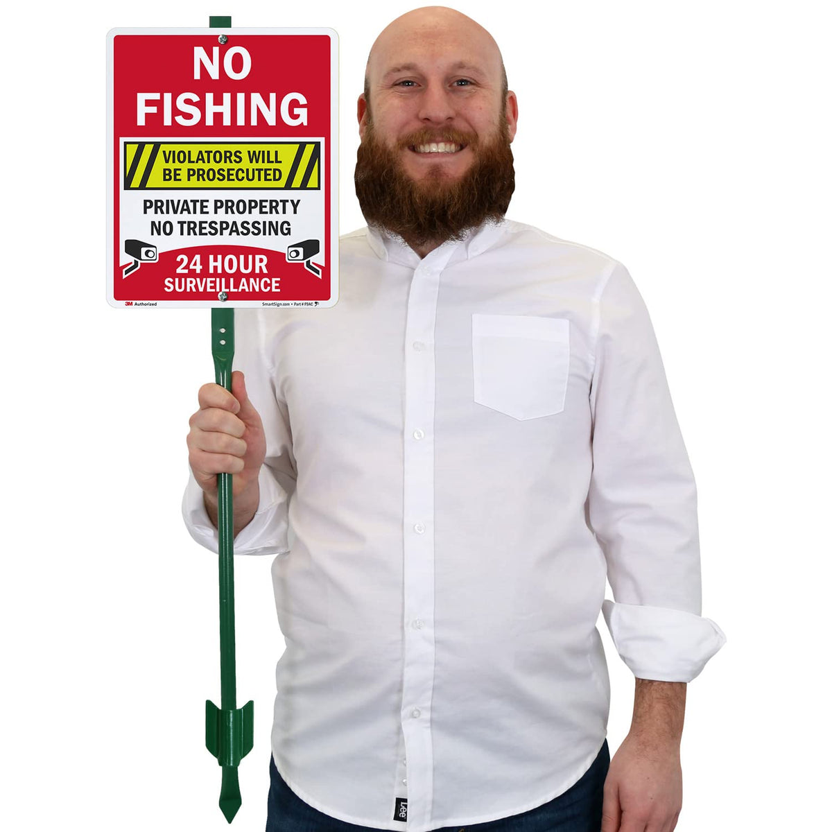 SmartSign 12" x 10" 'No Fishing Violators Prosecuted, Private Property, No Trespassing' Yard Sign with 3 ft Stake, 40 mil Aluminum 3M Laminated Engineer Grade Reflective, Set of 1 Reflective Aluminum Sign with 3' Stake