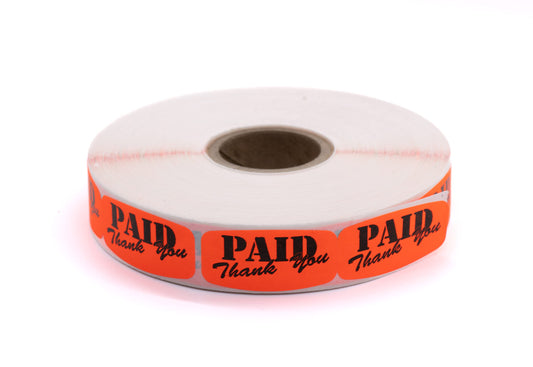 Bright Orange 'Paid - Thank You' Sticker Labels - High-Contrast, High-Adhesive, Ideal for Supermarkets and Other Stores - 1000 Count Roll of 1 1/2" x 5/8" Size Stickers Paid - Thank You