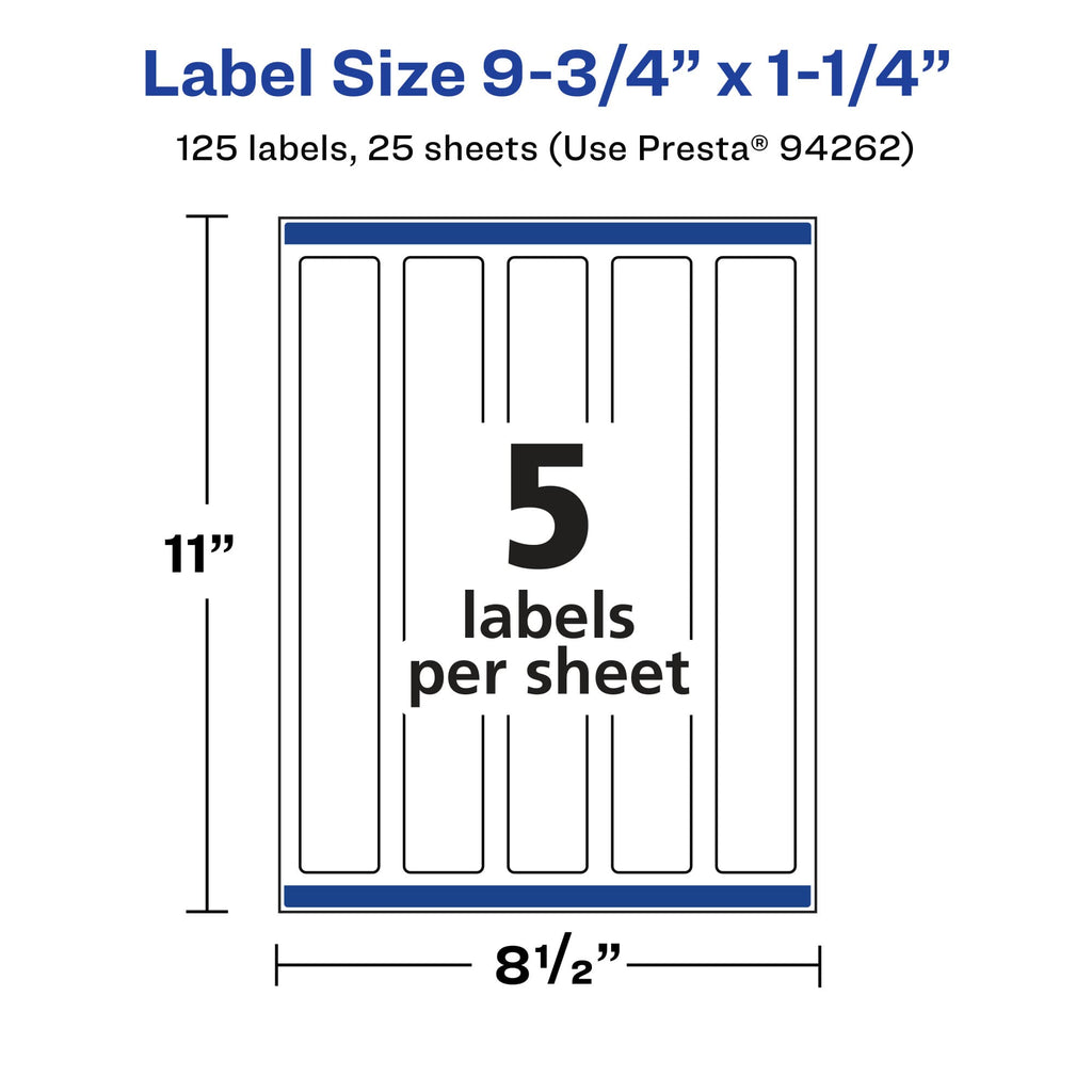 Avery Matte White Removable Rectangle Labels, Sure Feed Technology, Print-to-The-Edge, 9.75" x 1.25", 125 Removable Labels, Laser/Inkjet Printable 125 labels