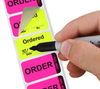 ChromaLabel fluorescent pink and yellow double layer quality control labels with "Order" imprint, 1.5-inch size, 250 per dispenser box.