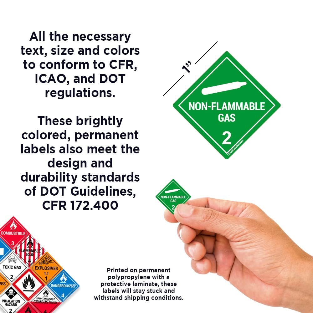 ChromaLabel 1-inch square D.O.T. hazard label for non-flammable gas, durable industrial label, 250 per roll, Class 2 safety marking