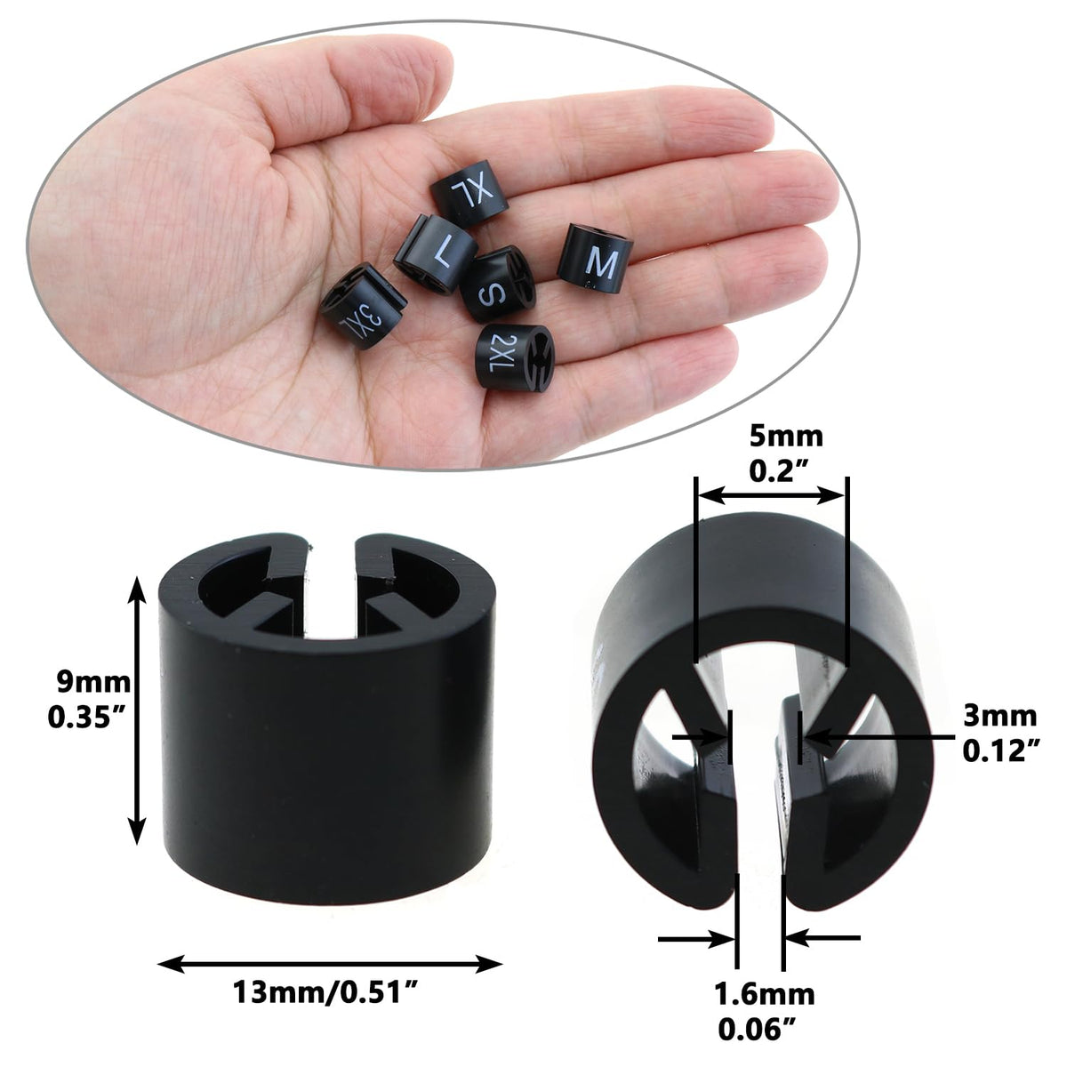 180PCS Round Plastic Hanger Size Marking Button S/M/L/XL/2XL/3XL Black Code Garment Size Marking Tool Suitable for 3-5mm Hanger Rod