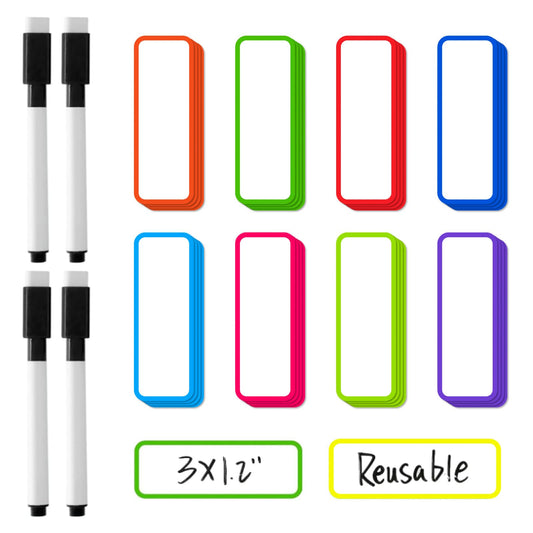54 Pcs Magnetic Dry Erase Labels, 3" x 1.2" Reusable Magnetic Label Stickers with Magnetic Dry Erase Black Markers, Magnetic Name Tags for Classroom Office Home Whiteboards Refrigerator Locker