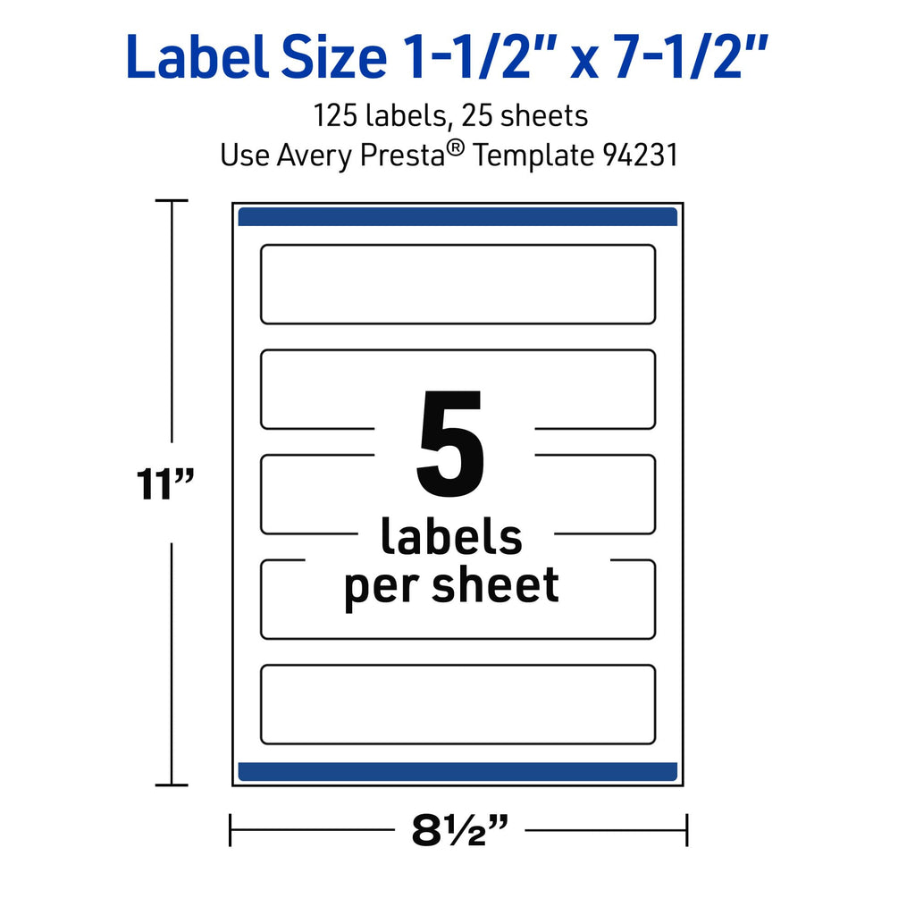 Avery Outdoor Waterproof Rectangle Labels with Sure Feed Technology, 1.5" x 7.5", White Film, Print-to-the-Edge, Compatible with Laser Printers, 125 Labels Total
