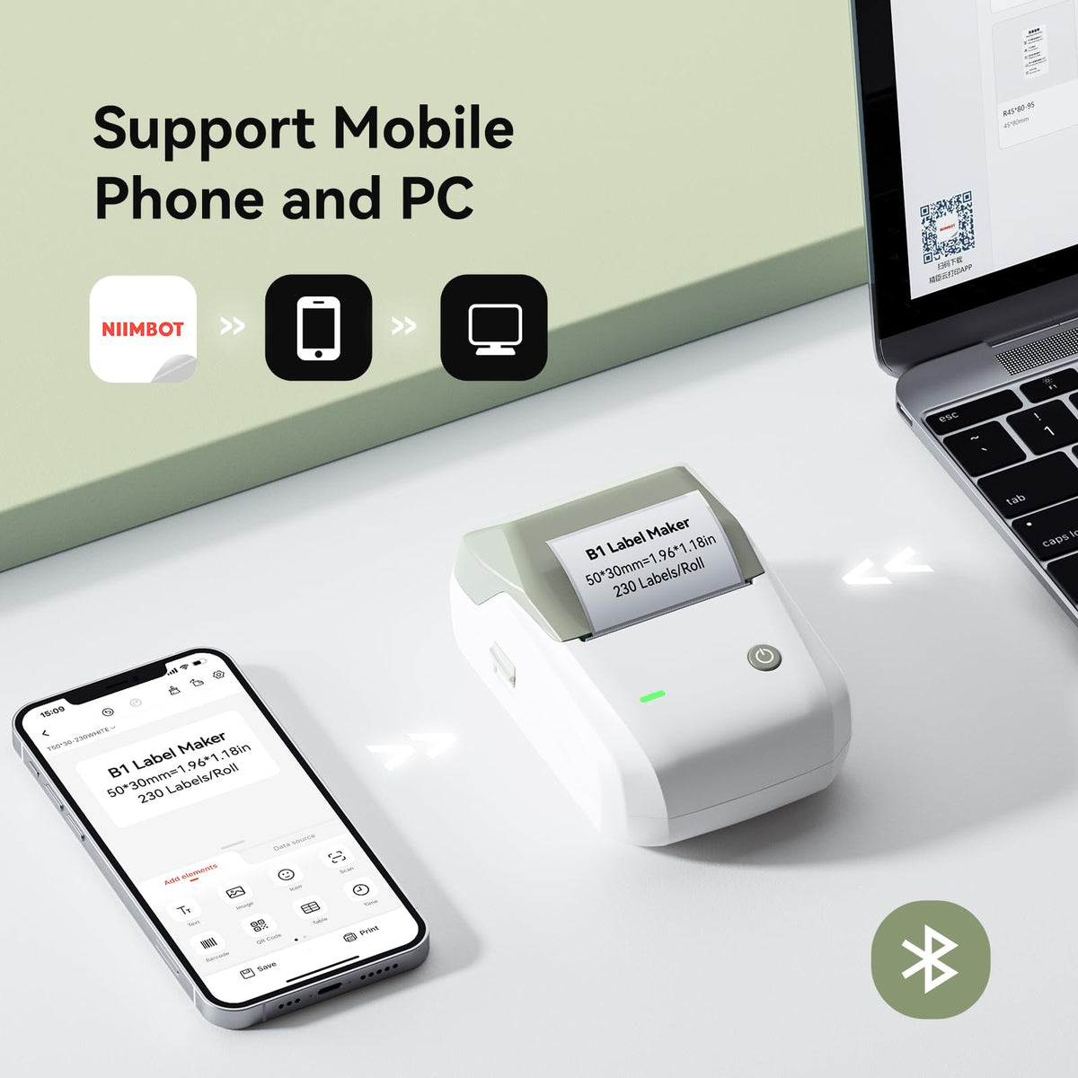 NIIMBOT B1 Label Maker Machine with Tape for Home and School, Green White Printer+Tape
