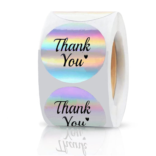 500 Holographic Thank You Stickers – 1.5 Inch Round Rainbow Foil Labels – Shiny Self-Adhesive Seals with Simple Thank You Text for Small Business Packaging, Envelopes, Gift Bags & Boxes