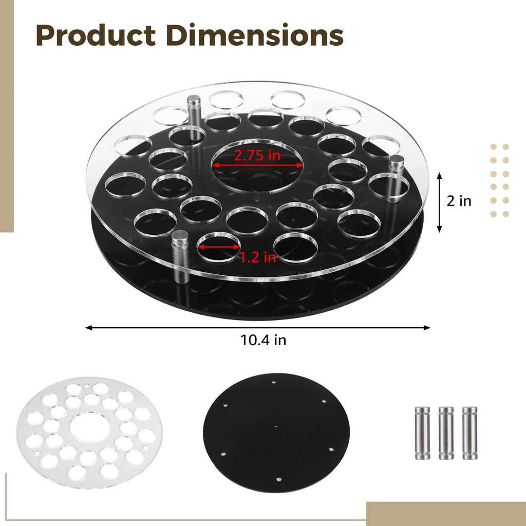 25 Holes Shot Glass Holder Tray, Acrylic Bar Circular Cup Server, Black Heavy Base Drink Display Organizer for Parties and Clubs, Center Slot for Slim Wine Bottle, Professional Home Bar Accessory