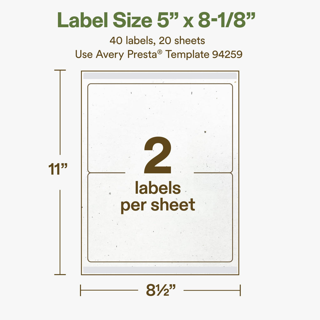 Avery® Printable Rectangle Hemp Labels, Sure Feed® Technology, 5" x 8-1/8", Off-White, Laser & Inkjet Compatible, 40 Total, Great for Product Branding, Packaging, and More 40 Labels