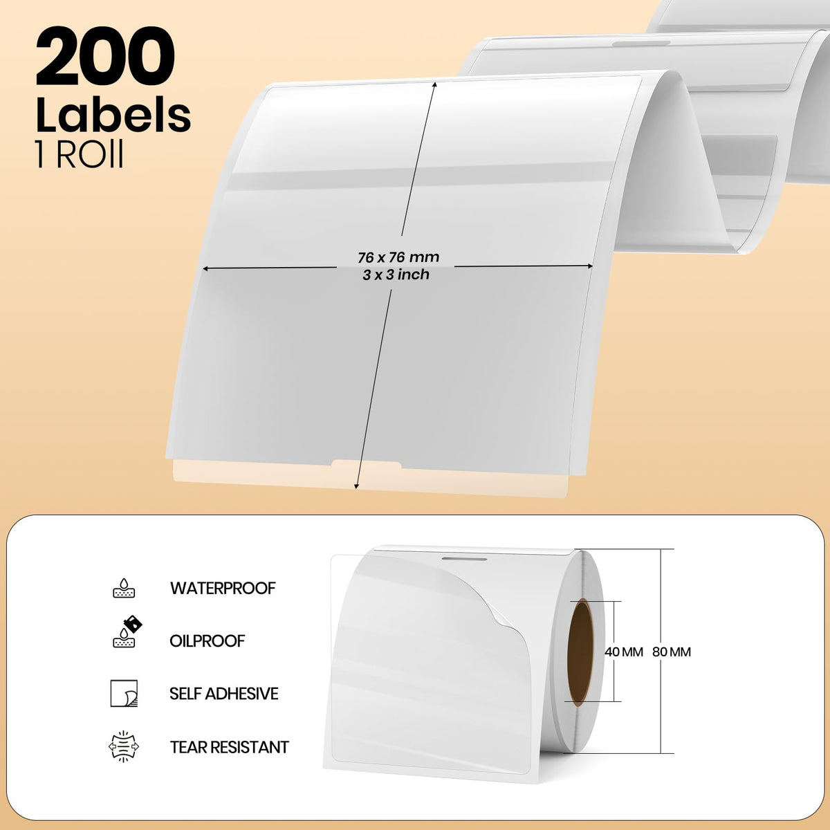 Clear Thermal Labels Vinyl 3 × 3 Inch Self-Adhesive Rectangle Stickers Roll Waterproof Printer Direct Decals Package Seal for QR Code Envelope Office Retail Home 200 PCS