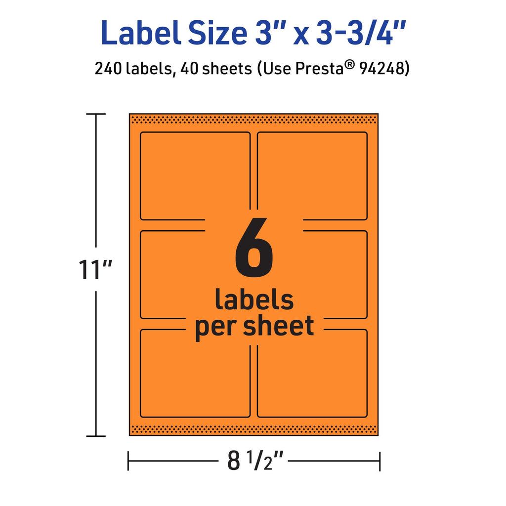 Avery® Printable Rectangle Labels, Sure Feed® Technology, 3" x 3-3/4", Bright Orange Labels, Print-to-The-Edge, Laser/Inkjet Printable, 240 Total, Great for Candles and Ingredients 240 labels