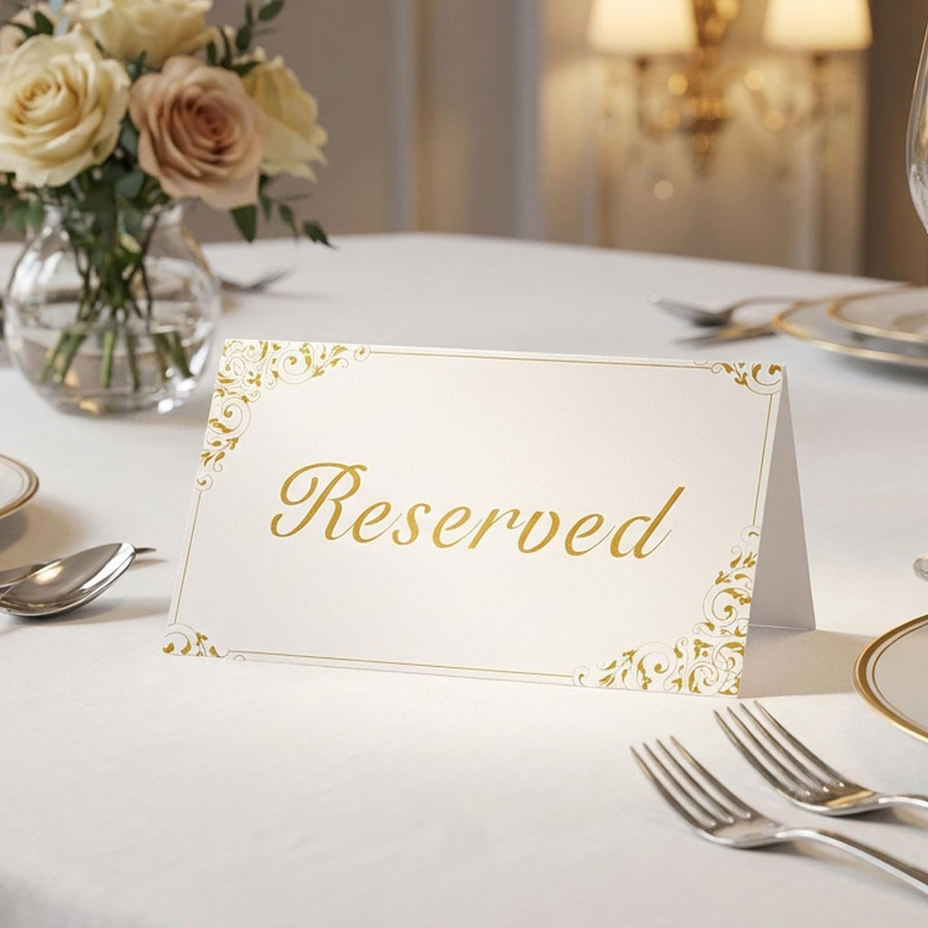 30 Pack Reserved Table Signs, White Reserved Signs with Gold Foil Design
